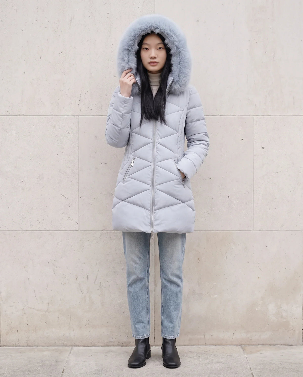 Fitted Mid-Length Parka with Faux Fur Hood