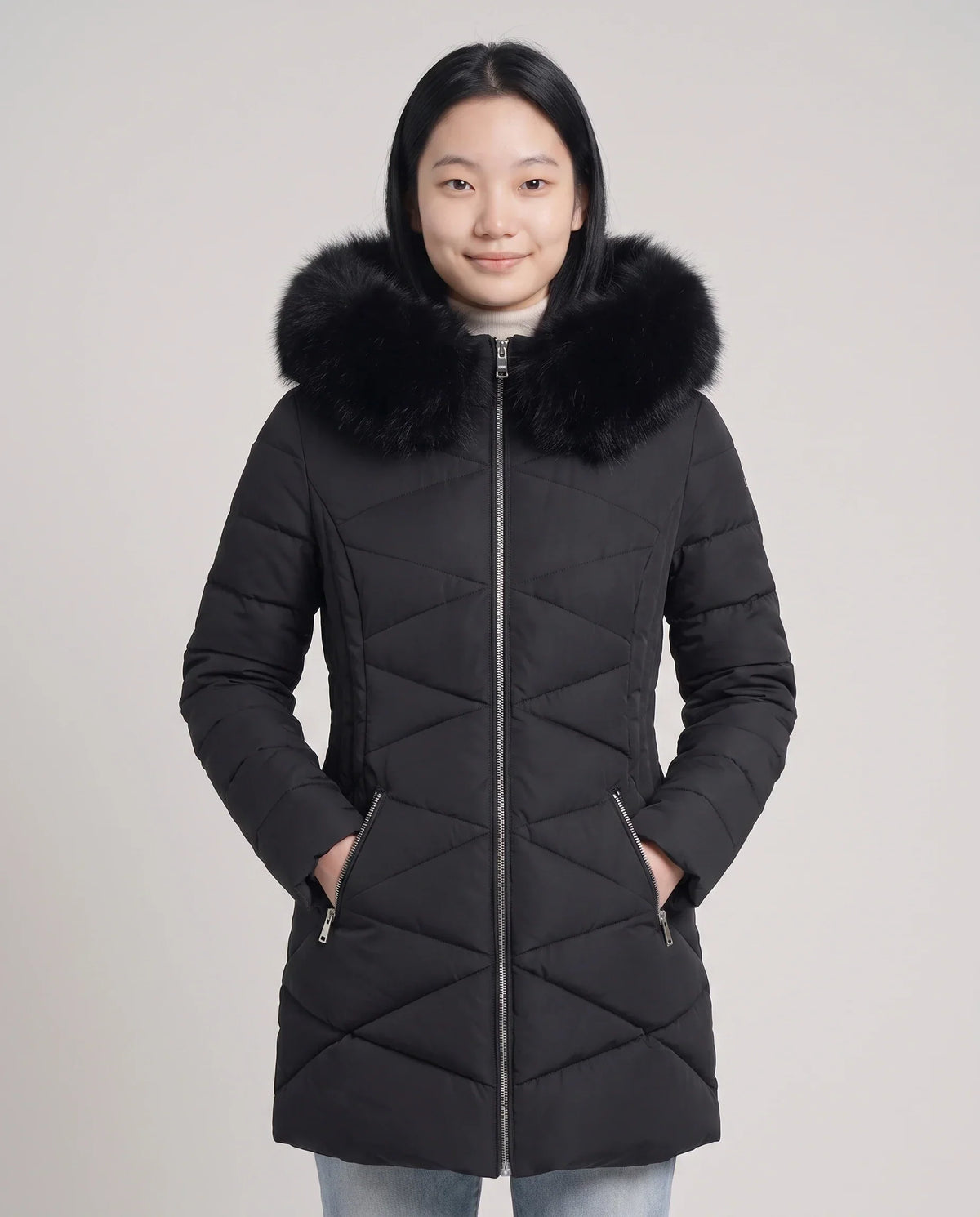 Fitted Mid-Length Parka with Faux Fur Hood