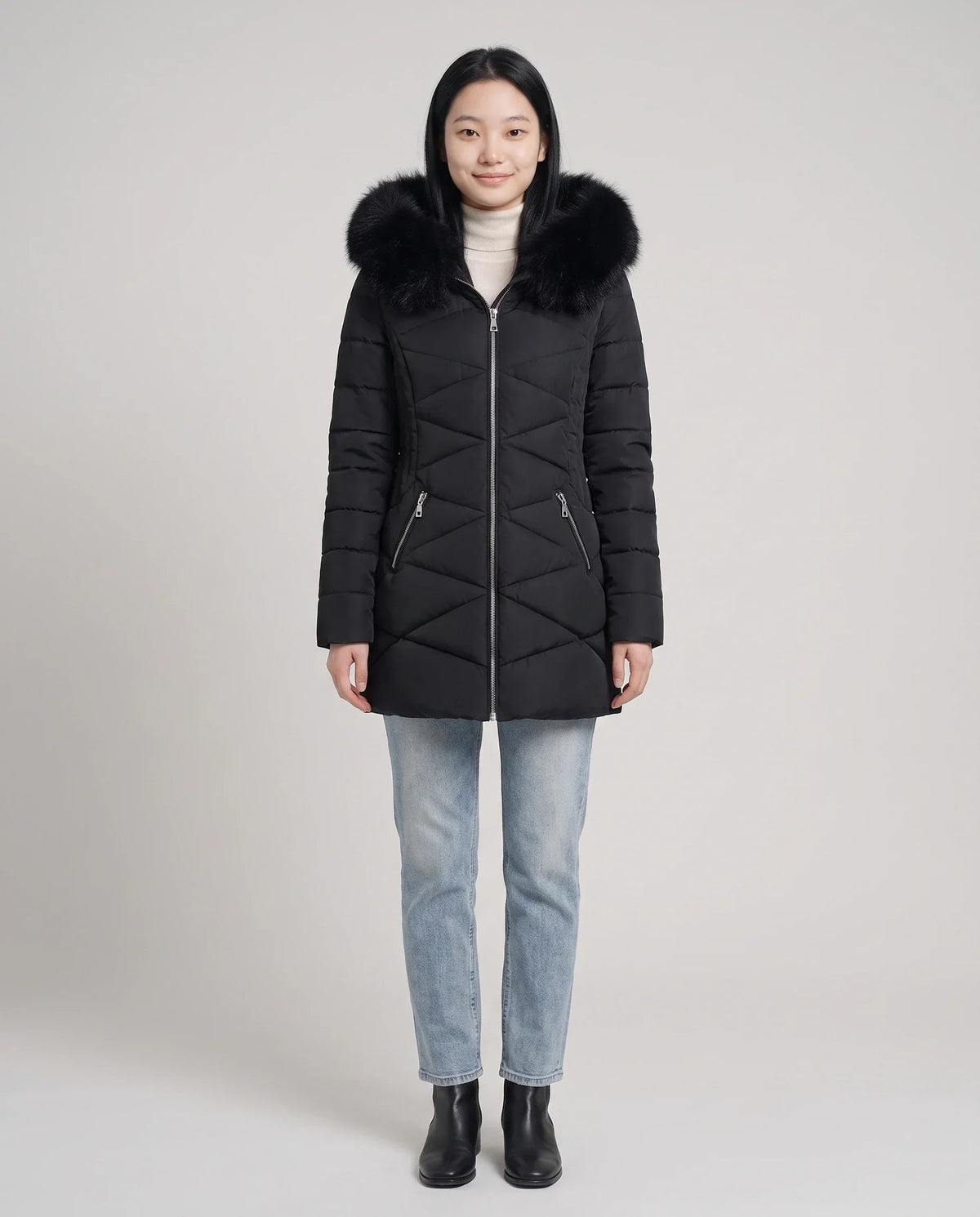 Fitted Mid-Length Parka with Faux Fur Hood