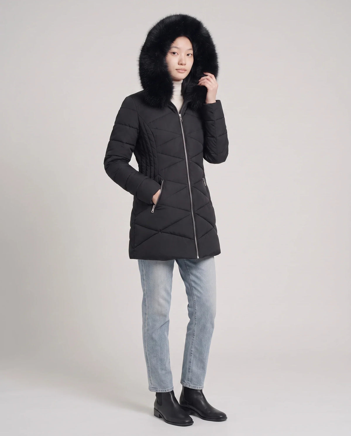 Fitted Mid-Length Parka with Faux Fur Hood