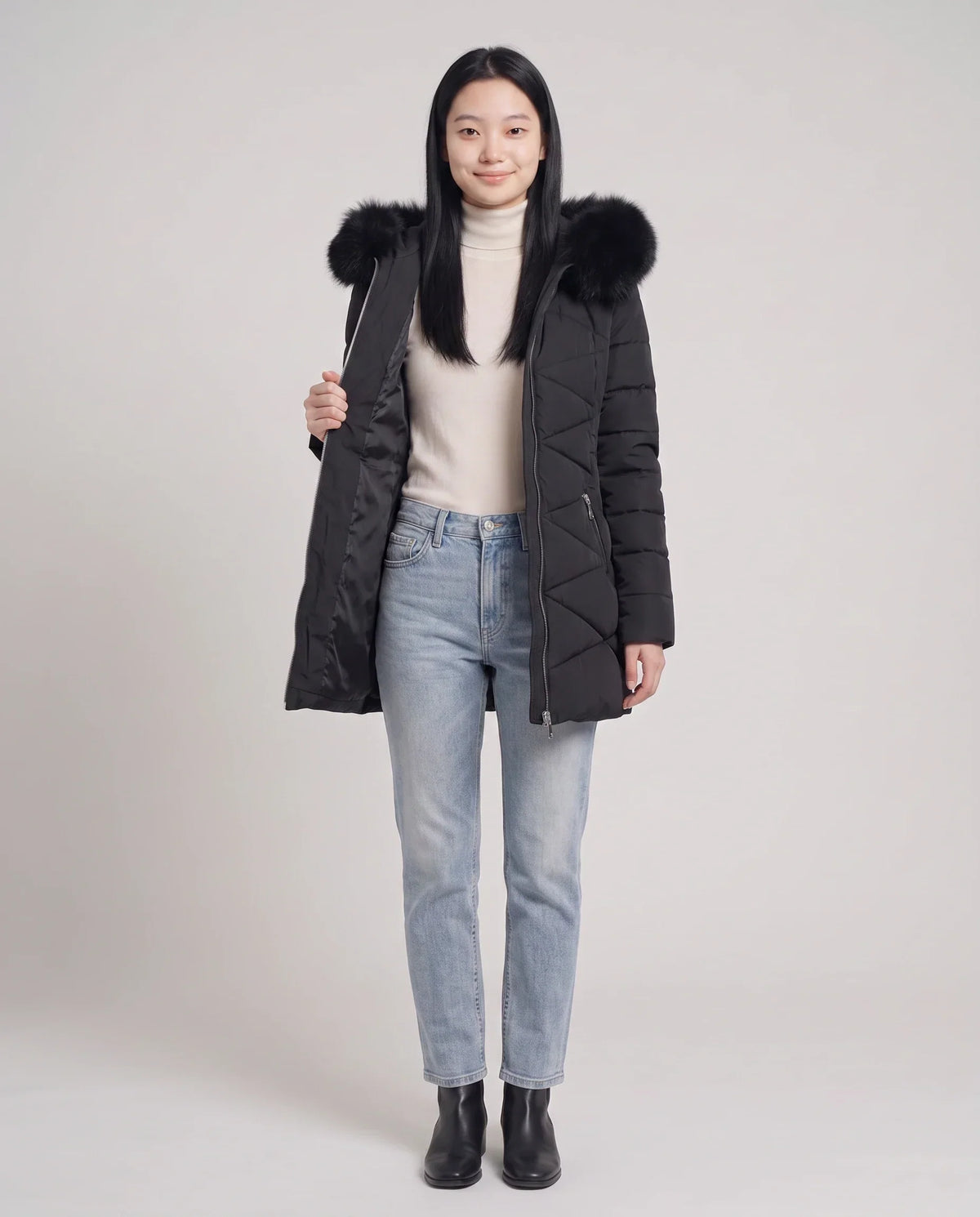 Fitted Mid-Length Parka with Faux Fur Hood