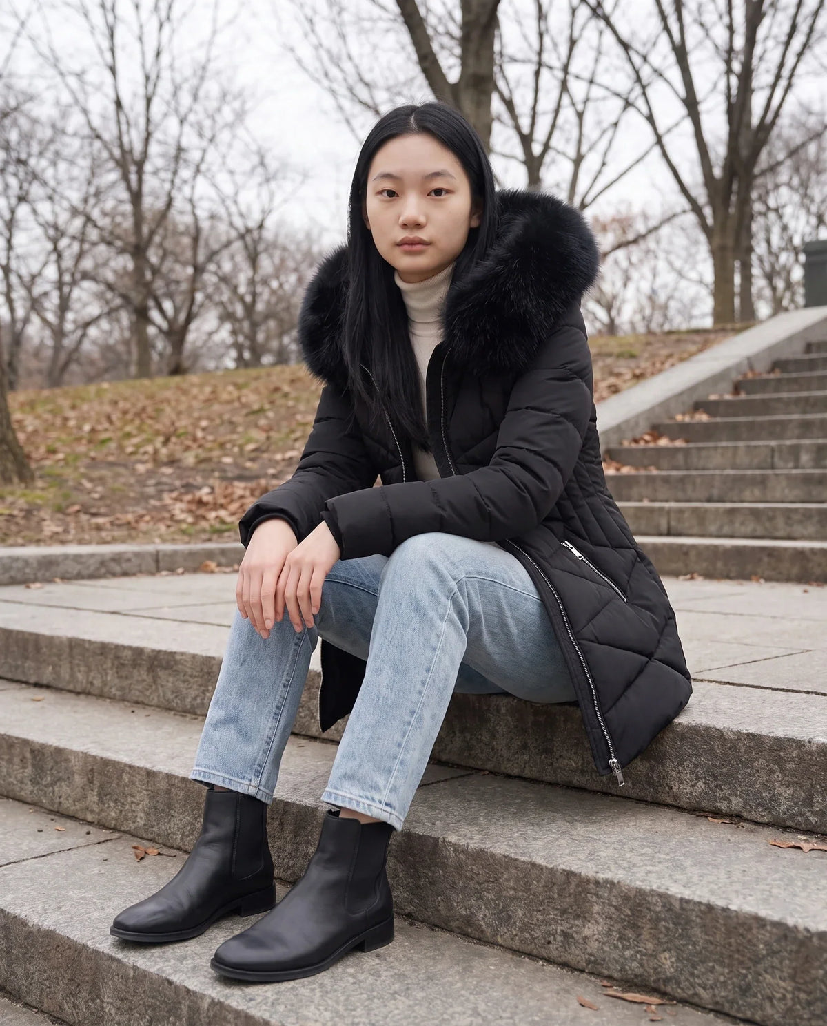 Fitted Mid-Length Parka with Faux Fur Hood