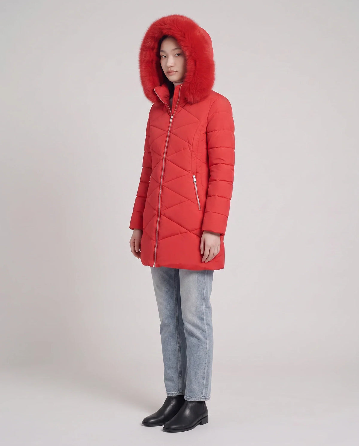 Fitted Mid-Length Parka with Faux Fur Hood