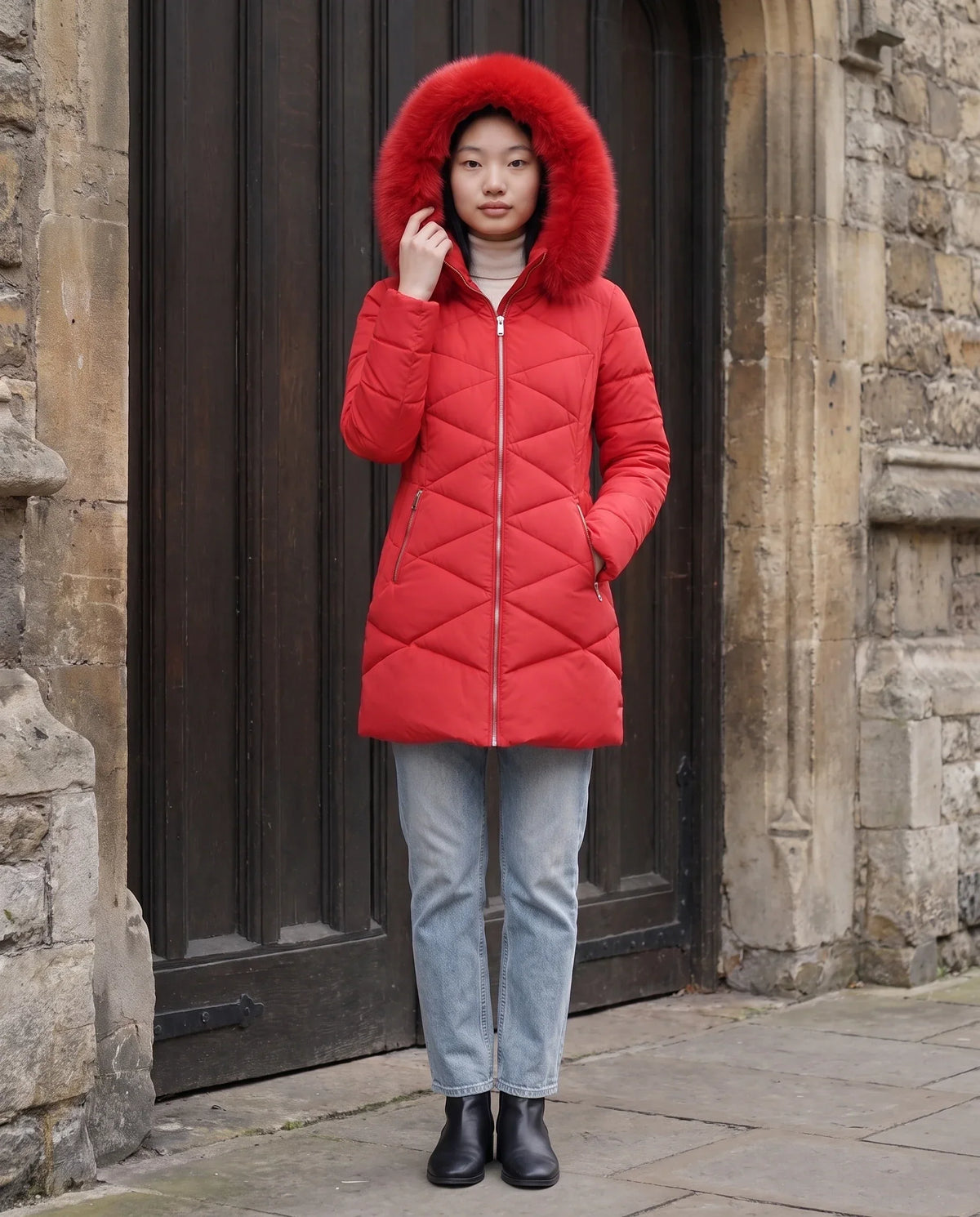 Fitted Mid-Length Parka with Faux Fur Hood