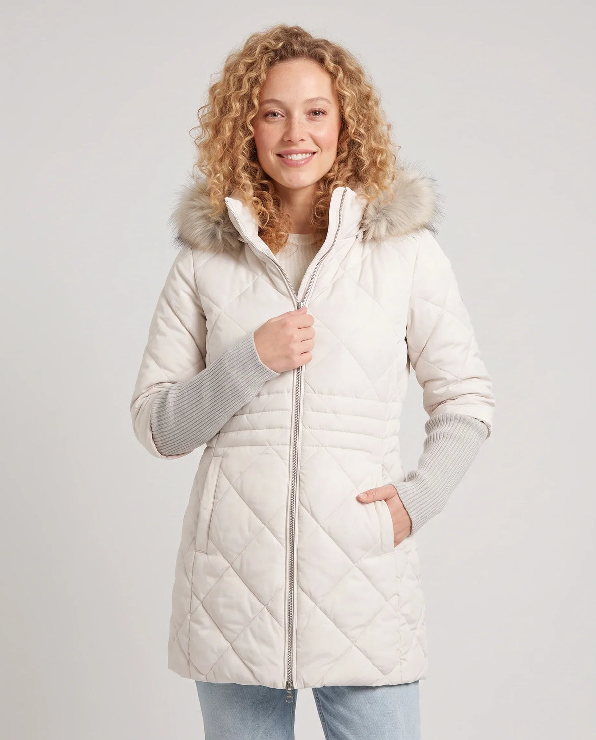 Mid-Length Quilted Parka with Knitted Sleeves