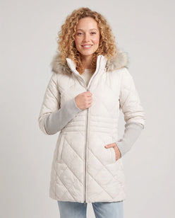 Mid-Length Quilted Parka with Knitted Sleeves