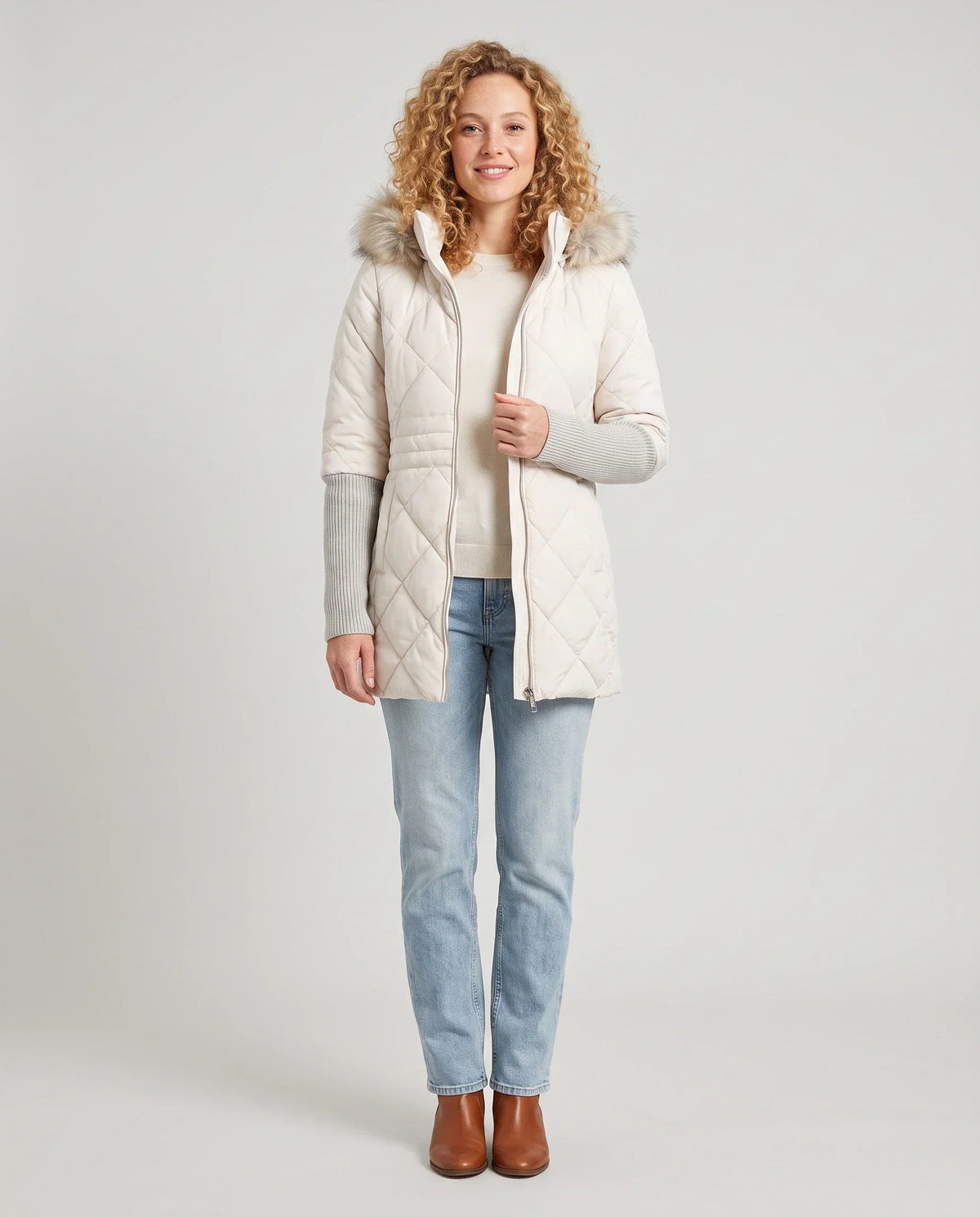 Mid-Length Quilted Parka with Knitted Sleeves
