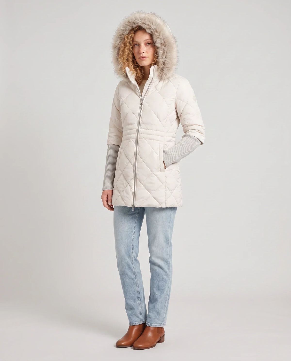 Mid-Length Quilted Parka with Knitted Sleeves