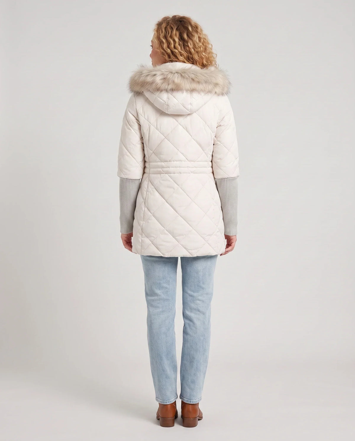 Mid-Length Quilted Parka with Knitted Sleeves
