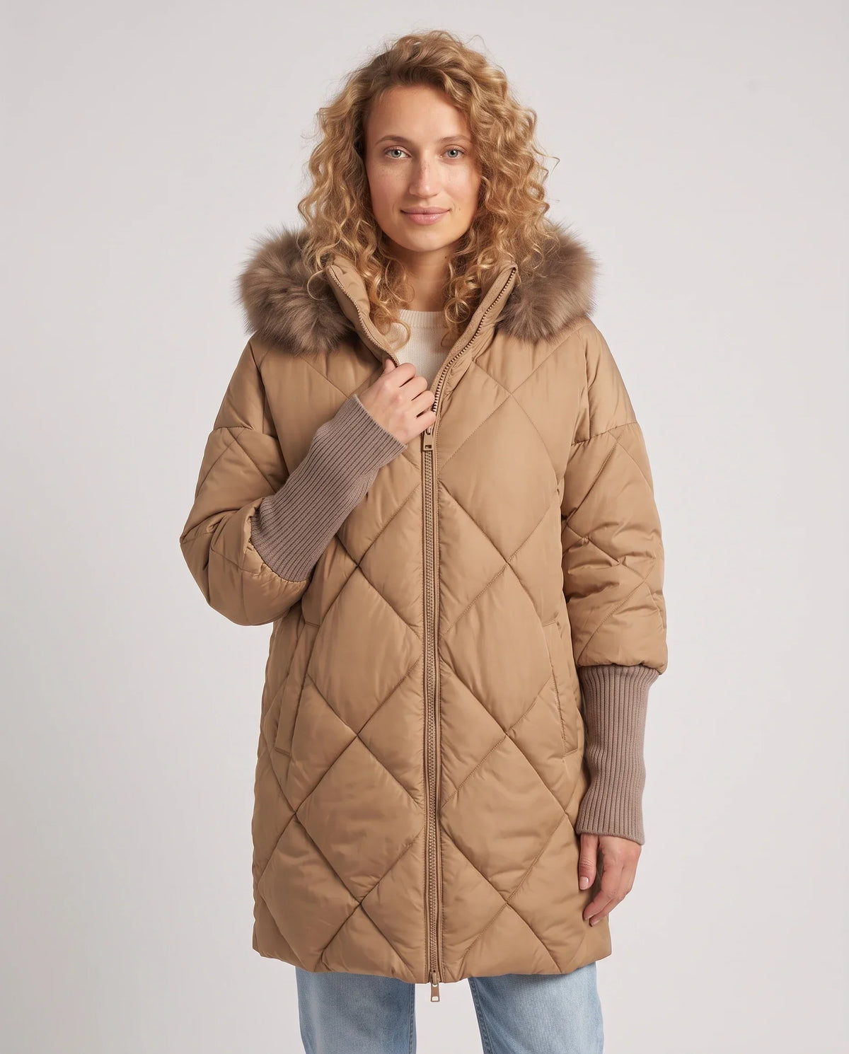 Mid-Length Quilted Parka with Knitted Sleeves