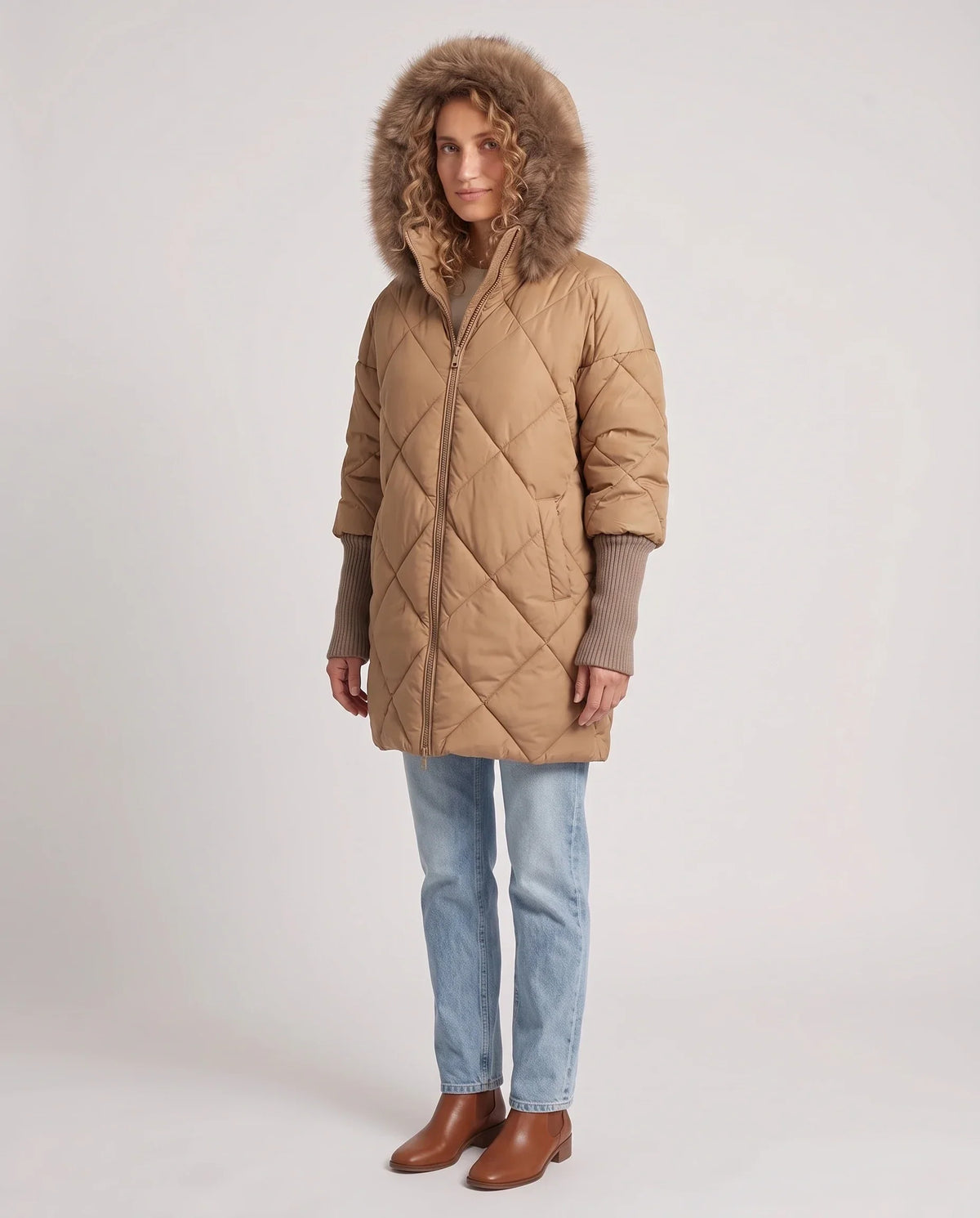 Mid-Length Quilted Parka with Knitted Sleeves