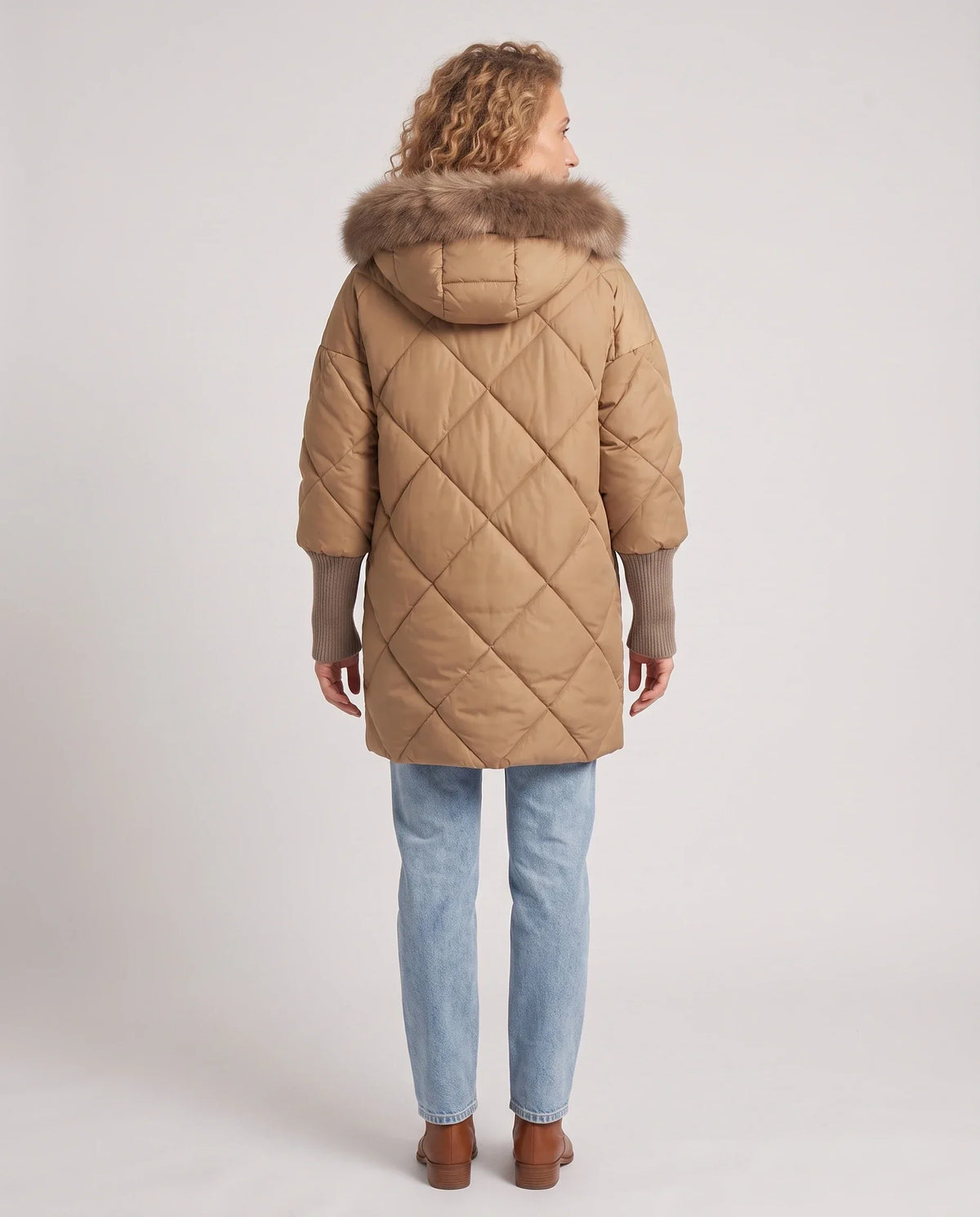 Mid-Length Quilted Parka with Knitted Sleeves