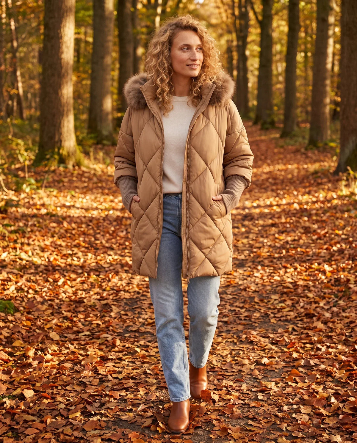 Mid-Length Quilted Parka with Knitted Sleeves