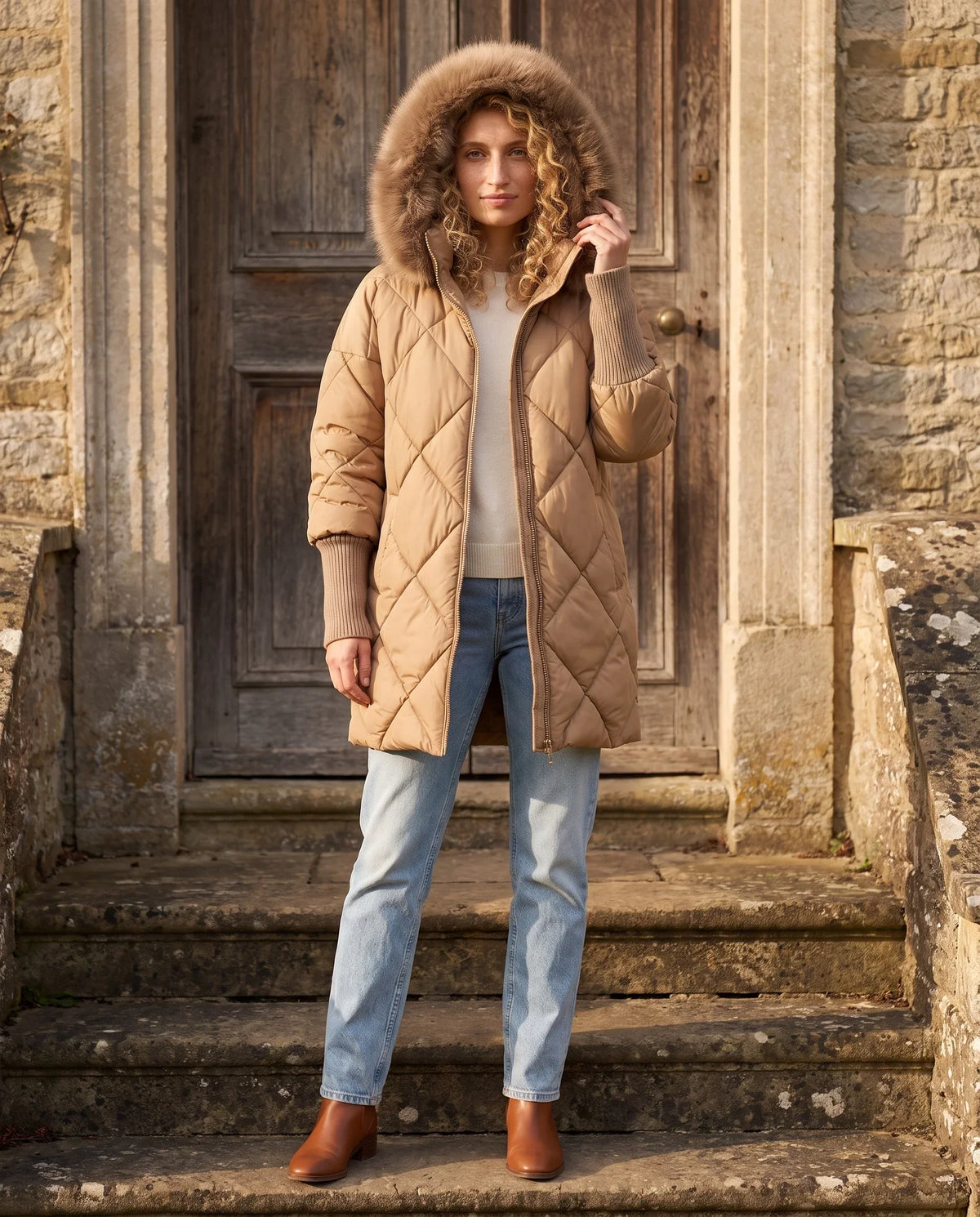 Mid-Length Quilted Parka with Knitted Sleeves