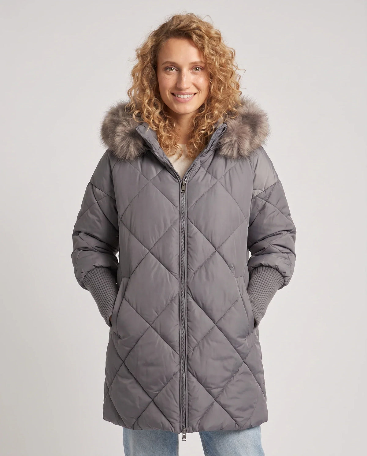 Mid-Length Quilted Parka with Knitted Sleeves