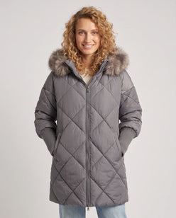 Mid-Length Quilted Parka with Knitted Sleeves
