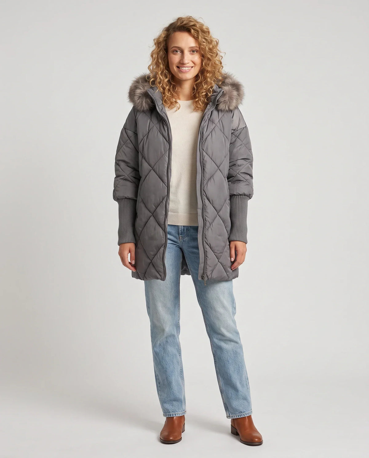 Mid-Length Quilted Parka with Knitted Sleeves