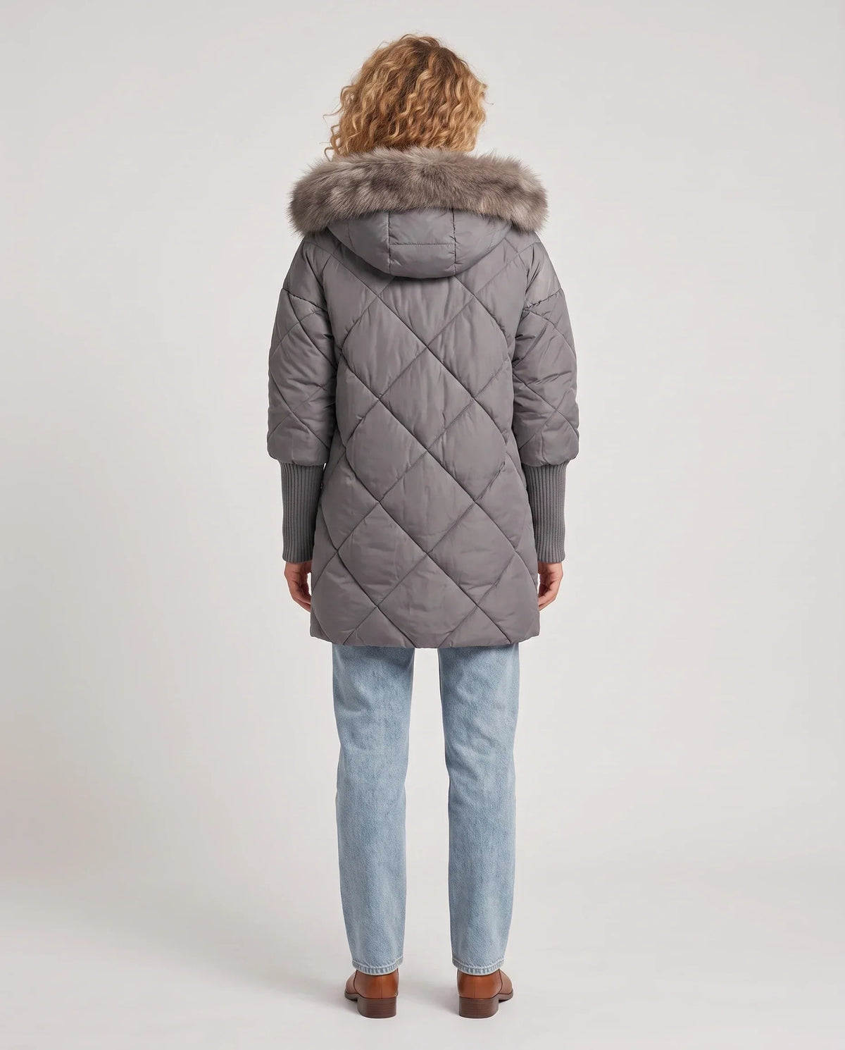 Mid-Length Quilted Parka with Knitted Sleeves