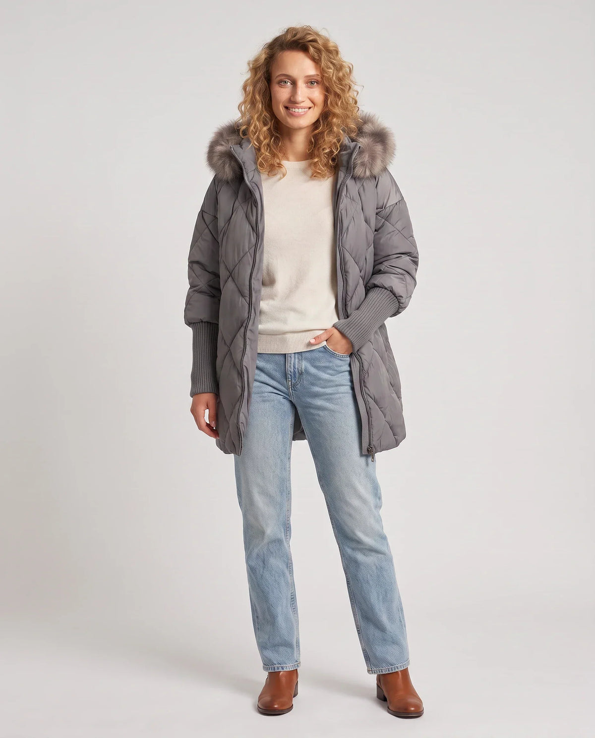 Mid-Length Quilted Parka with Knitted Sleeves