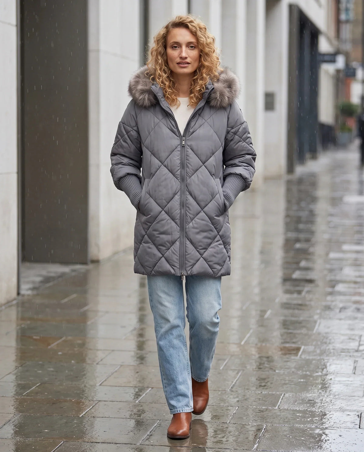 Mid-Length Quilted Parka with Knitted Sleeves