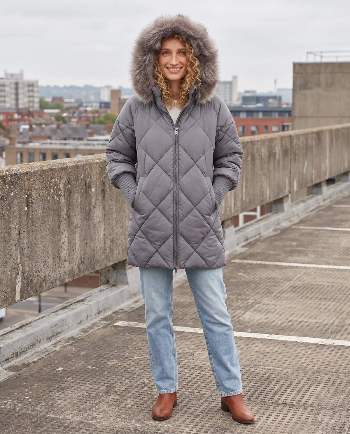 Mid-Length Quilted Parka with Knitted Sleeves