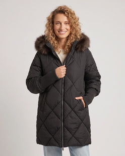 Mid-Length Quilted Parka with Knitted Sleeves