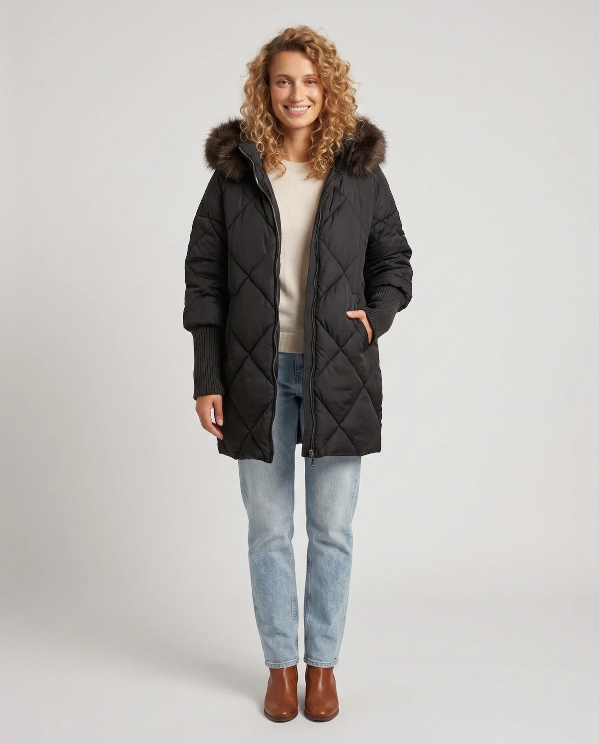 Mid-Length Quilted Parka with Knitted Sleeves