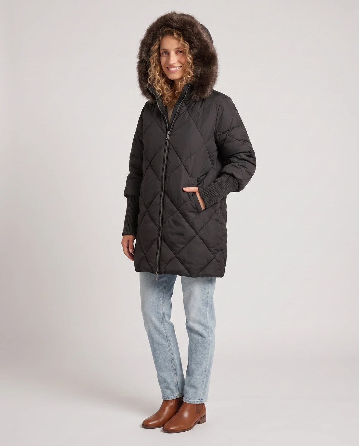 Mid-Length Quilted Parka with Knitted Sleeves
