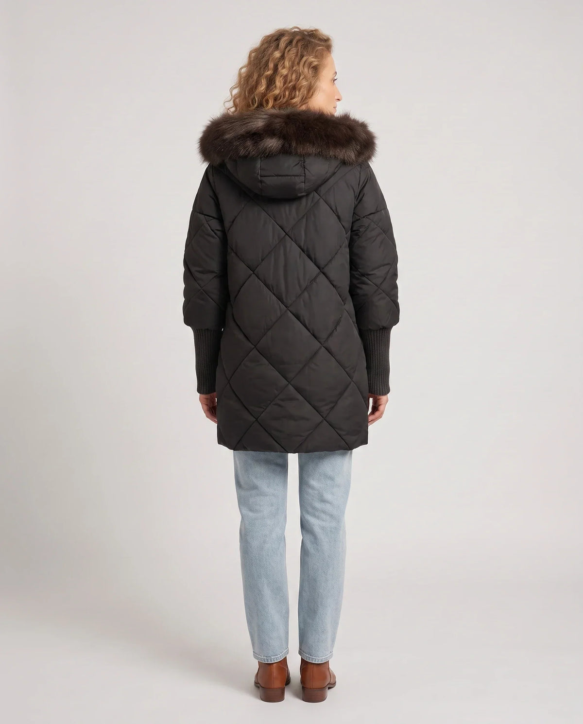 Mid-Length Quilted Parka with Knitted Sleeves