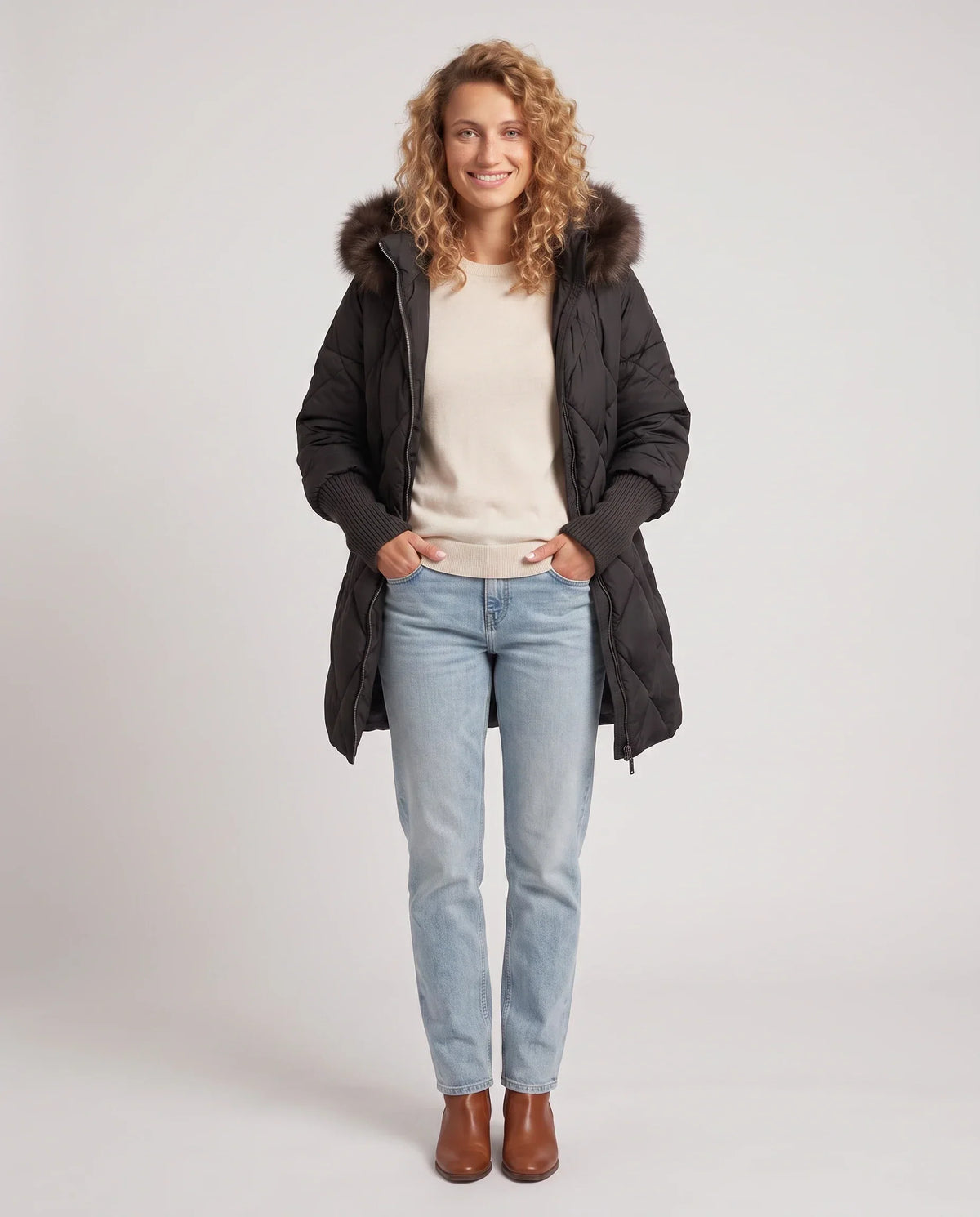 Mid-Length Quilted Parka with Knitted Sleeves