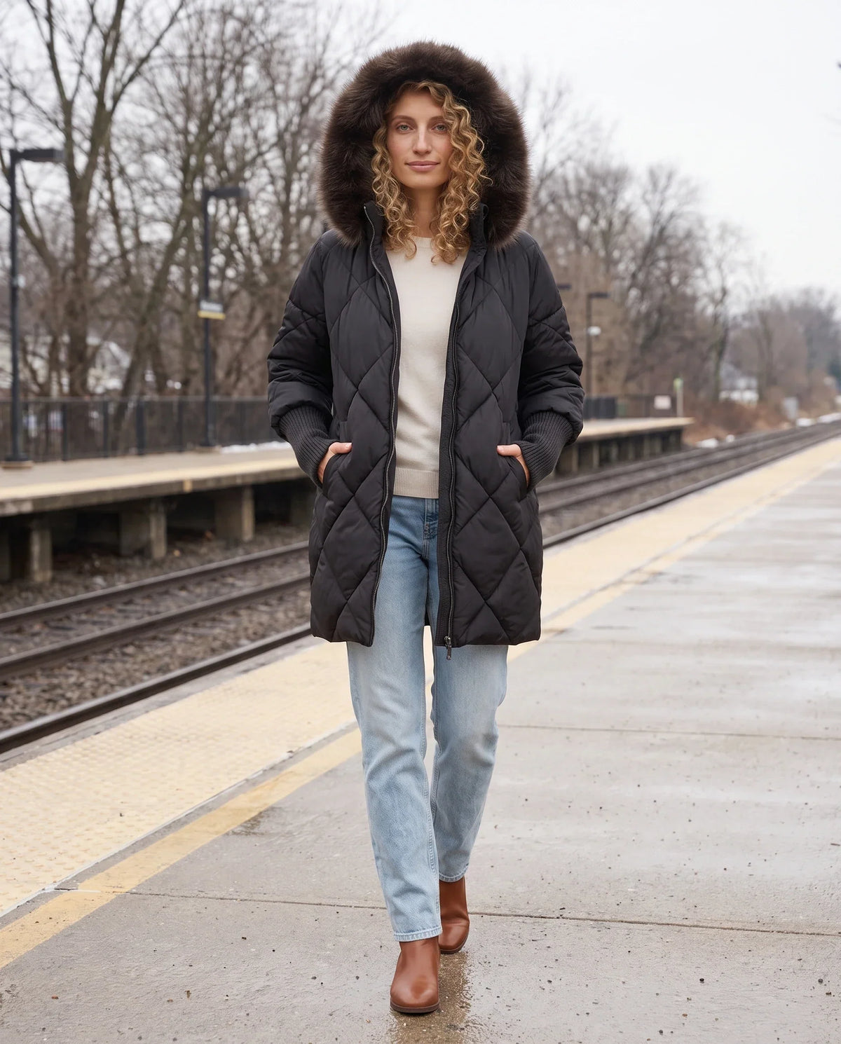 Mid-Length Quilted Parka with Knitted Sleeves