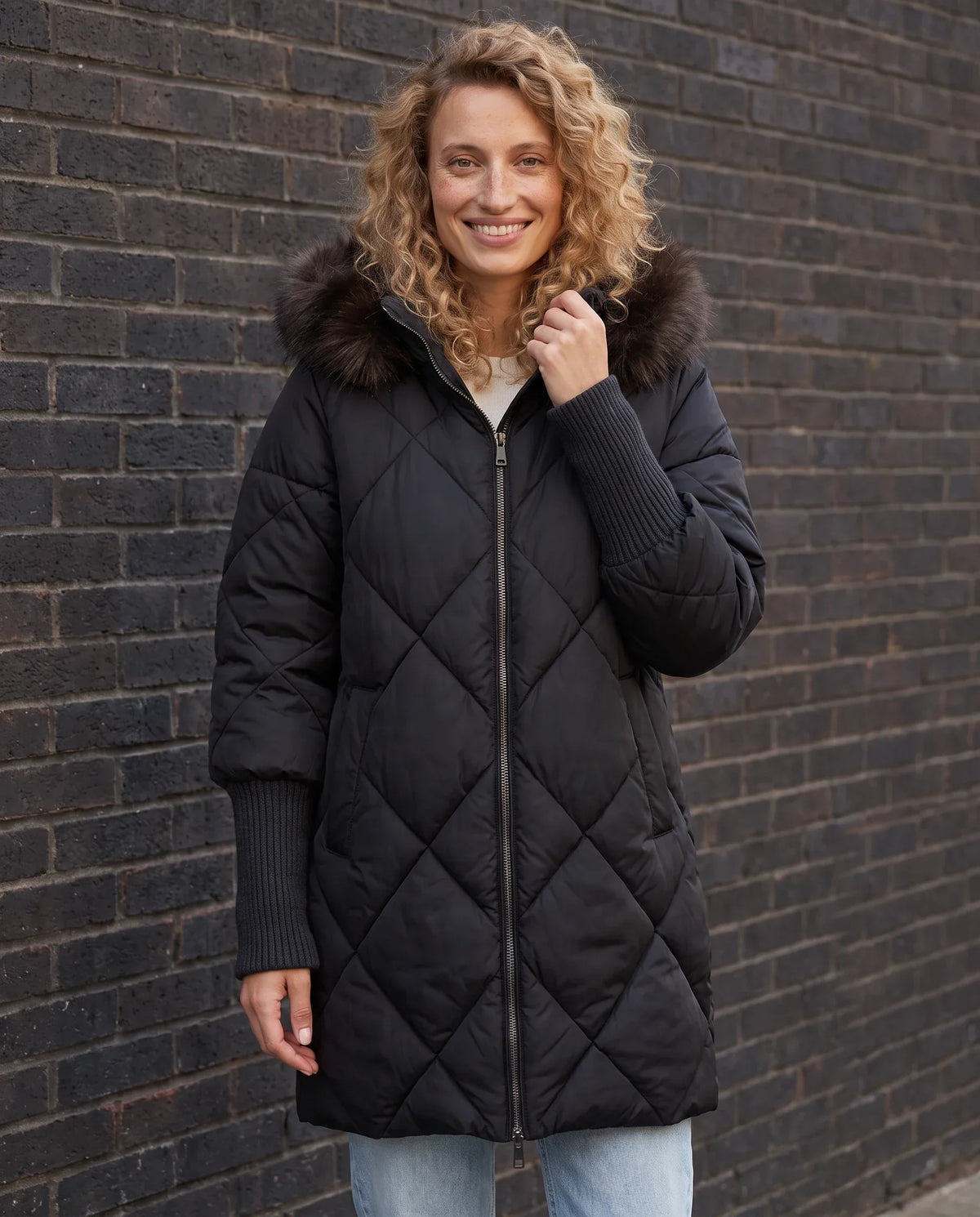Mid-Length Quilted Parka with Knitted Sleeves