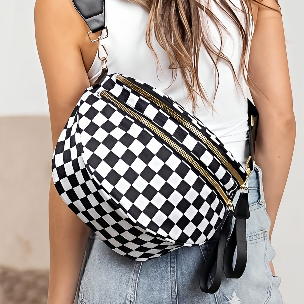 Crossbody Bag Checkered Water-Repellent Nylon with Double Zip