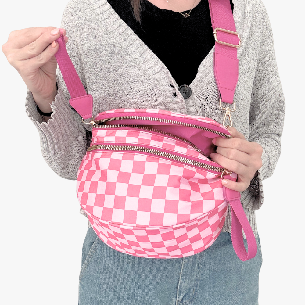Crossbody Bag Checkered Water-Repellent Nylon with Double Zip