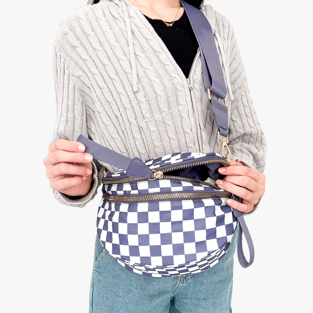 Crossbody Bag Checkered Water-Repellent Nylon with Double Zip