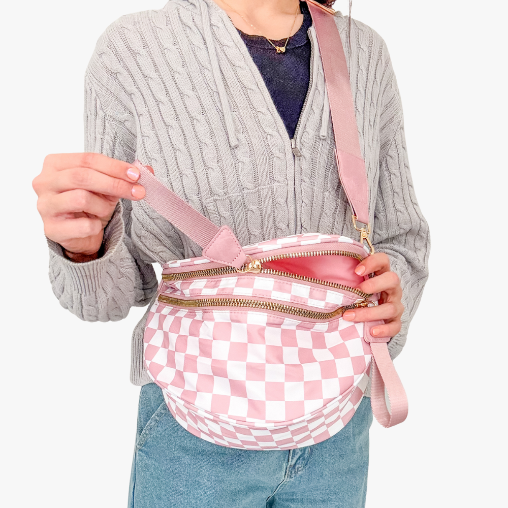 Crossbody Bag Checkered Water-Repellent Nylon with Double Zip
