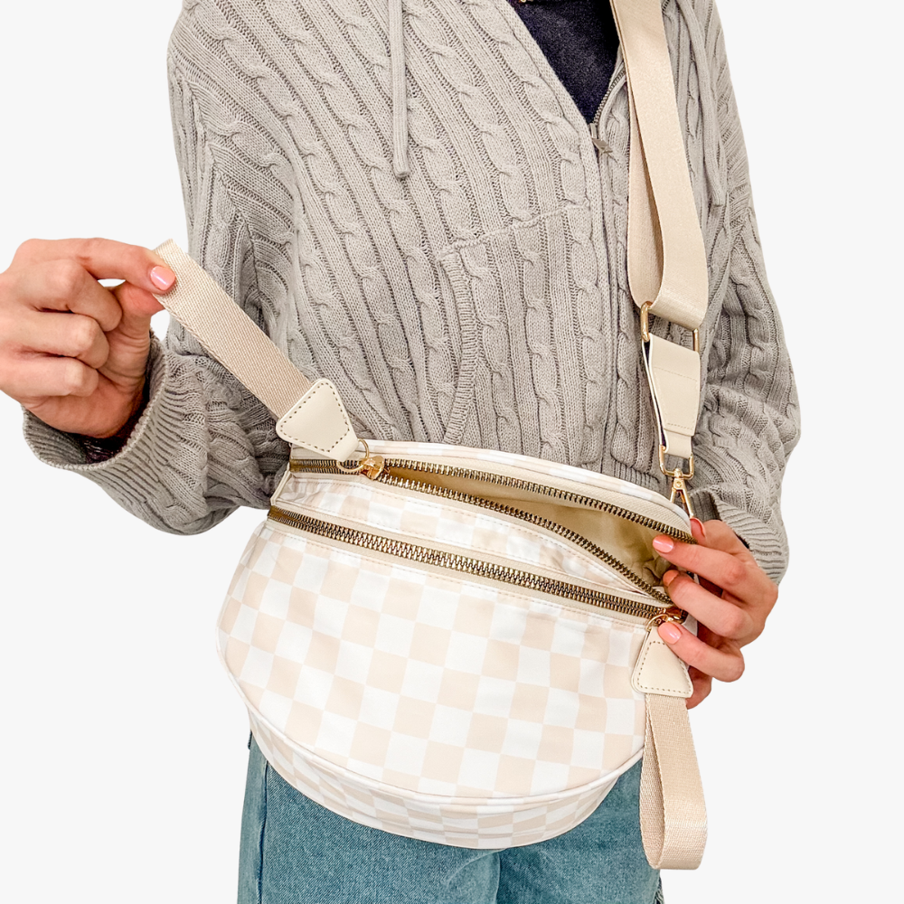Crossbody Bag Checkered Water-Repellent Nylon with Double Zip