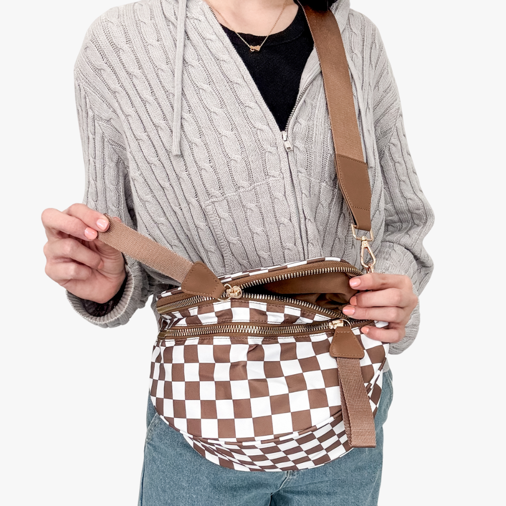 Crossbody Bag Checkered Water-Repellent Nylon with Double Zip