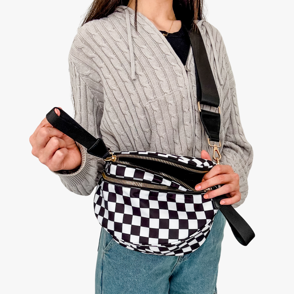 Crossbody Bag Checkered Water-Repellent Nylon with Double Zip