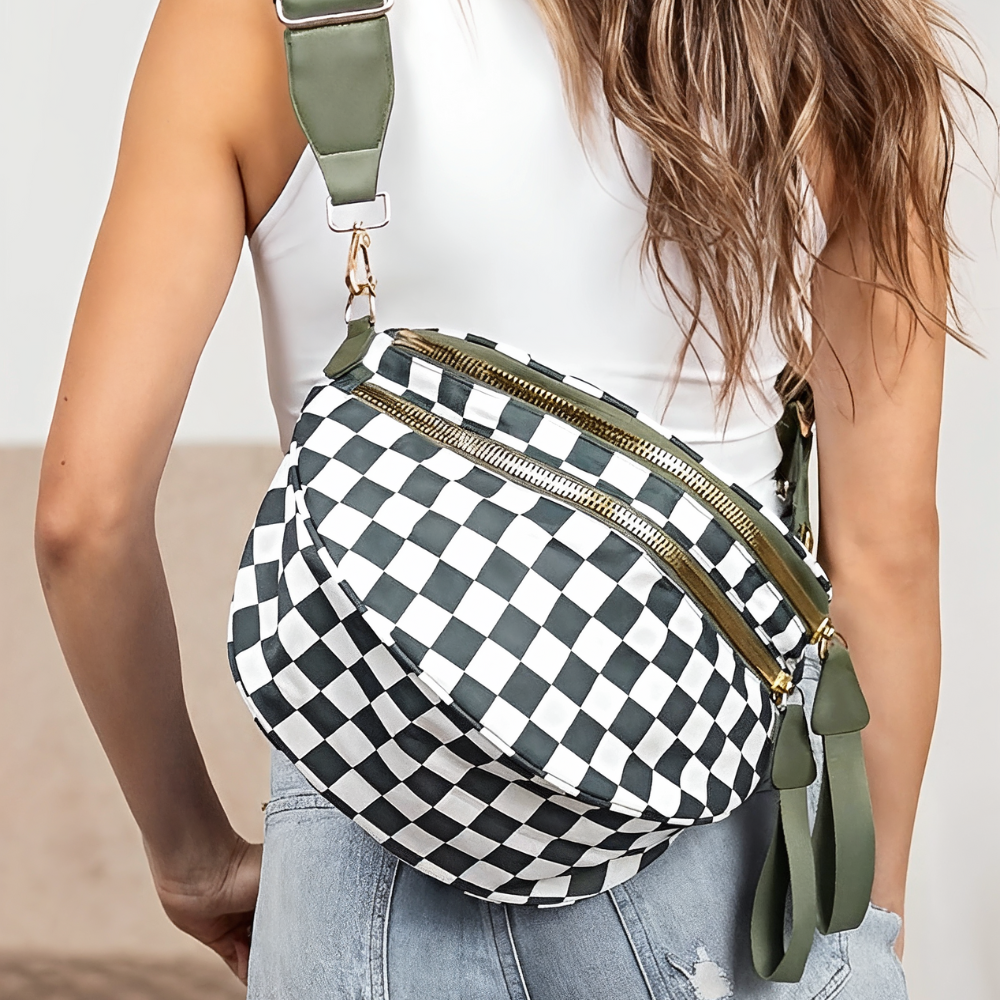 Crossbody Bag Checkered Water-Repellent Nylon with Double Zip
