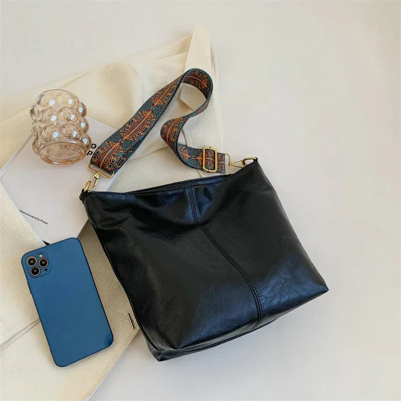 Crossbody Bag Faux Leather with Fabric Strap and Zip Pocket