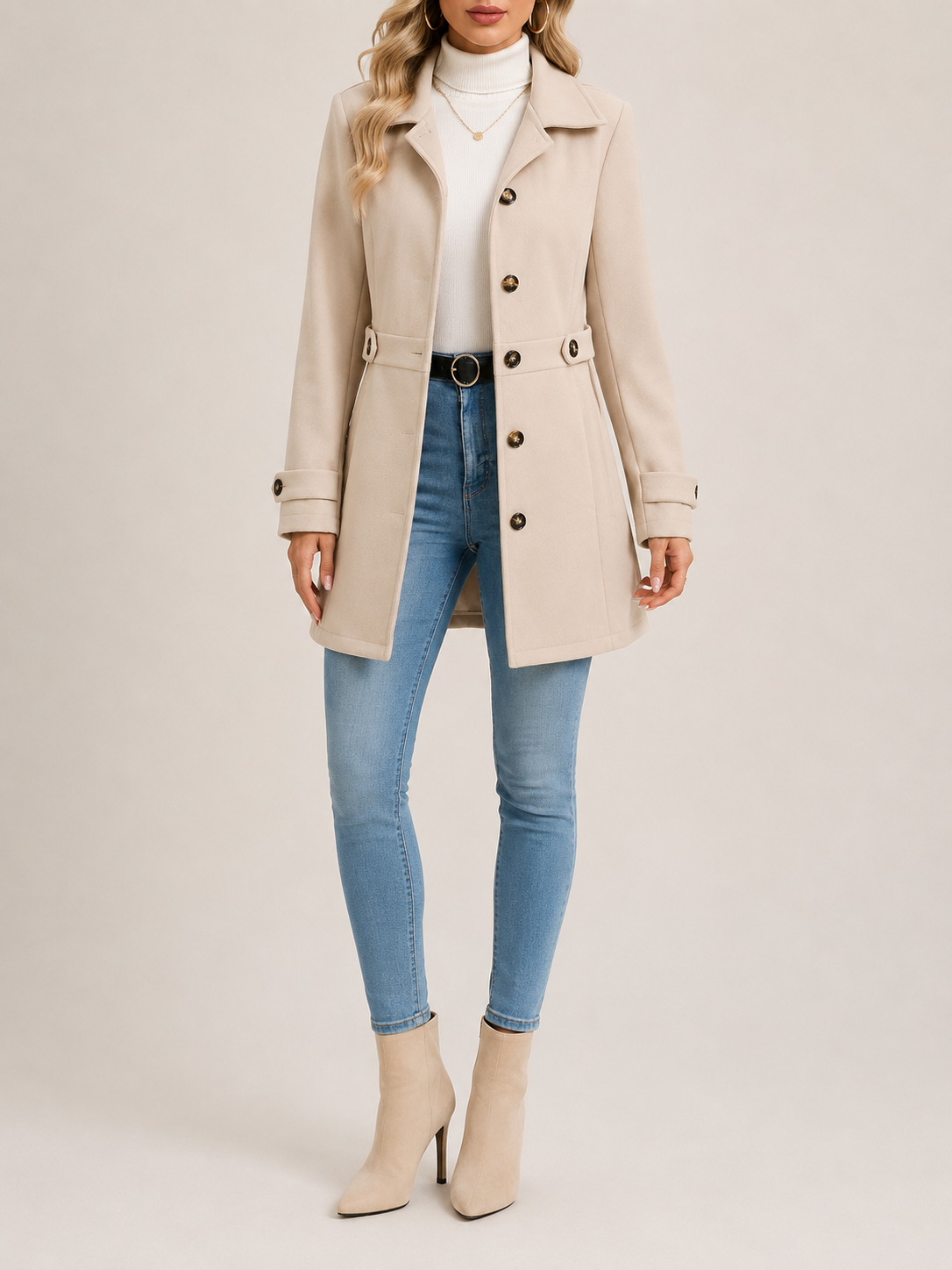 Trench Coat Polyester Tailored with Adjustable Waist Belt