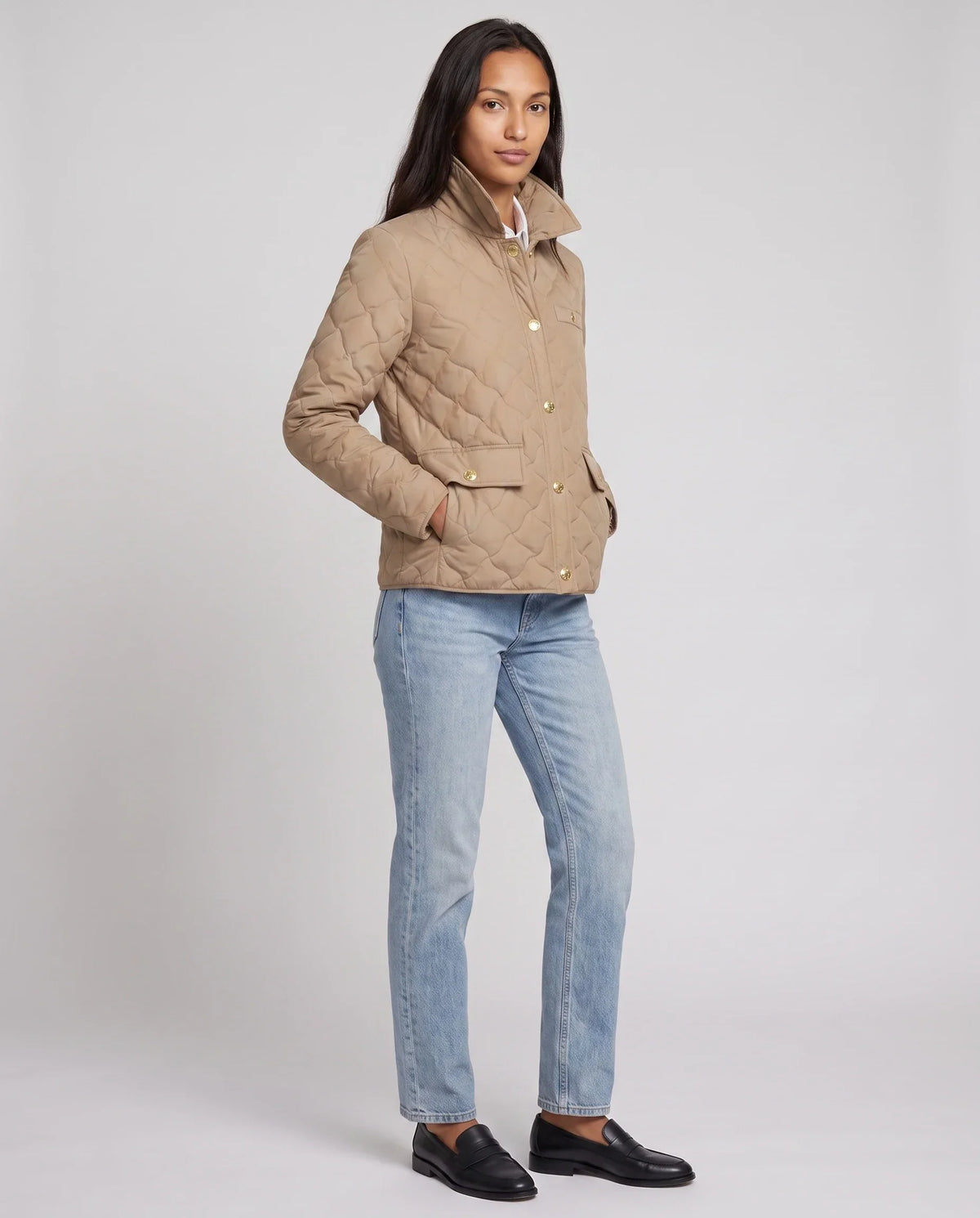 Quilted Jacket with Shirt Collar and Gold Poppers
