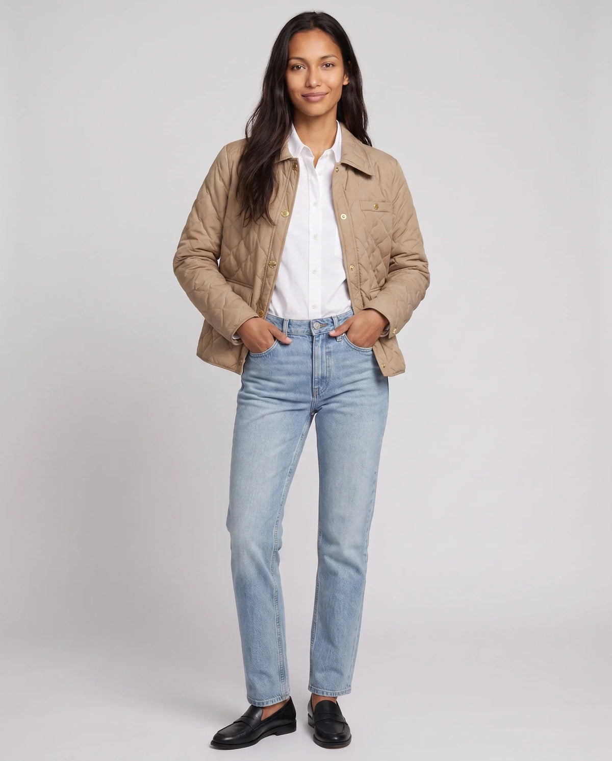 Quilted Jacket with Shirt Collar and Gold Poppers