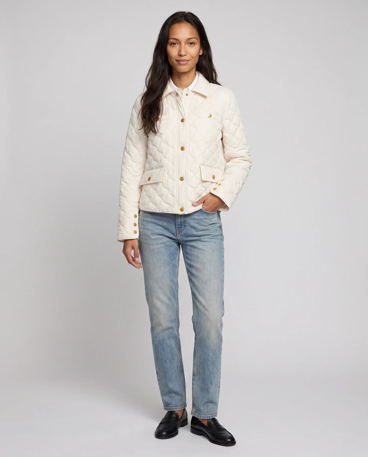 Quilted Jacket with Shirt Collar and Gold Poppers