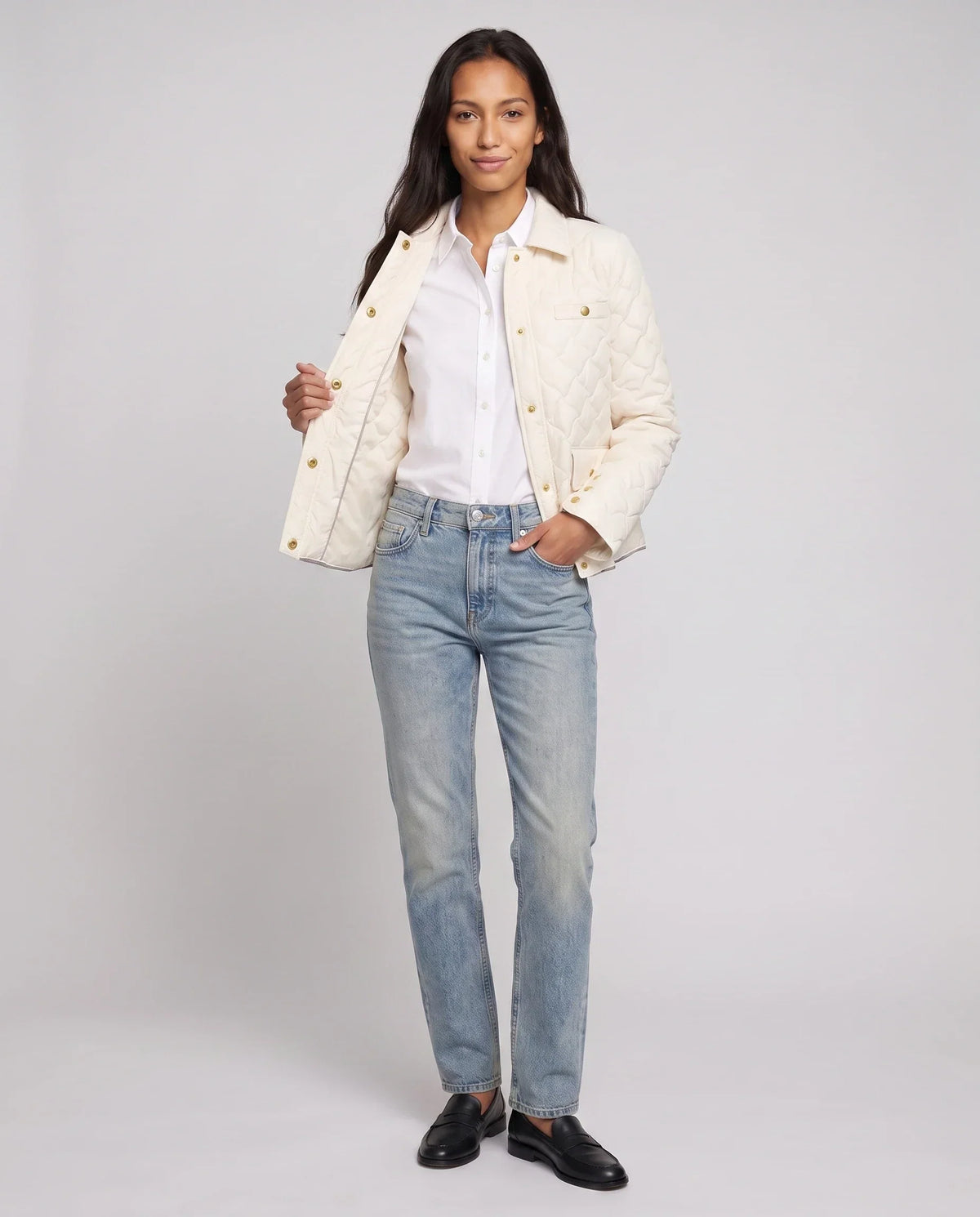 Quilted Jacket with Shirt Collar and Gold Poppers