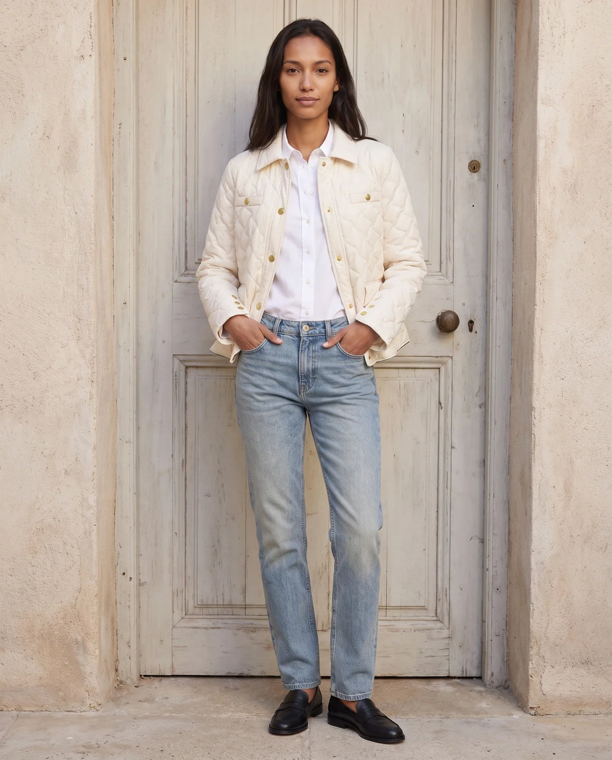 Quilted Jacket with Shirt Collar and Gold Poppers