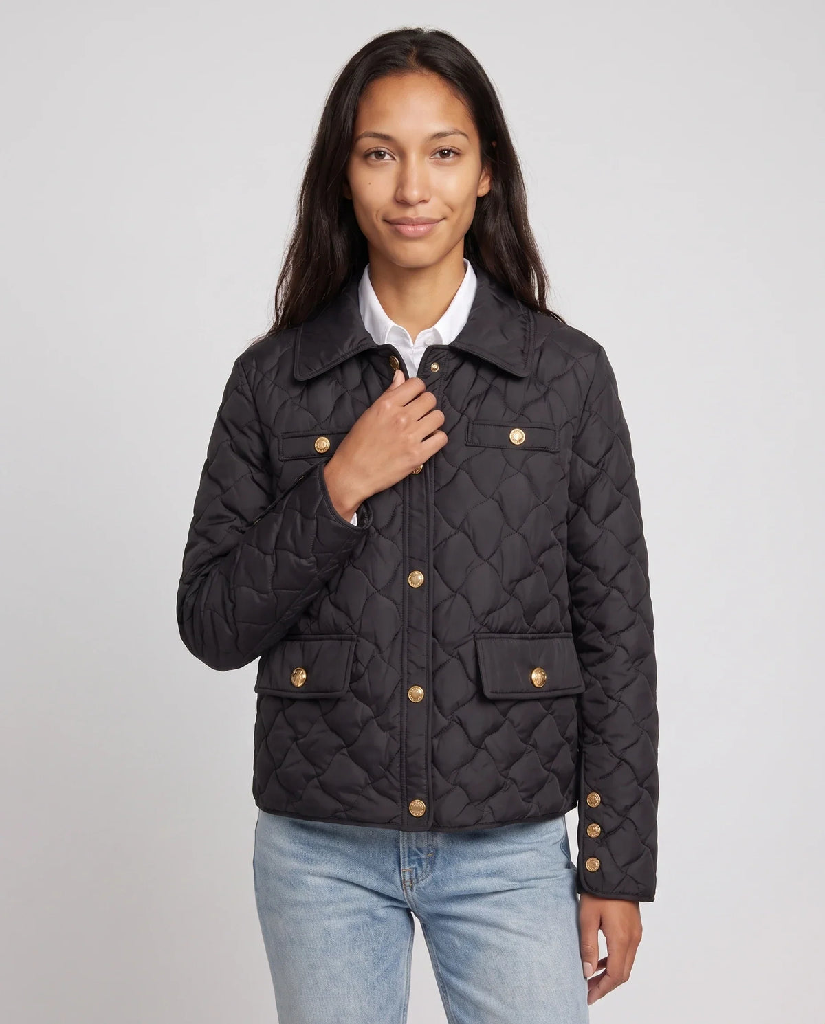Quilted Jacket with Shirt Collar and Gold Poppers