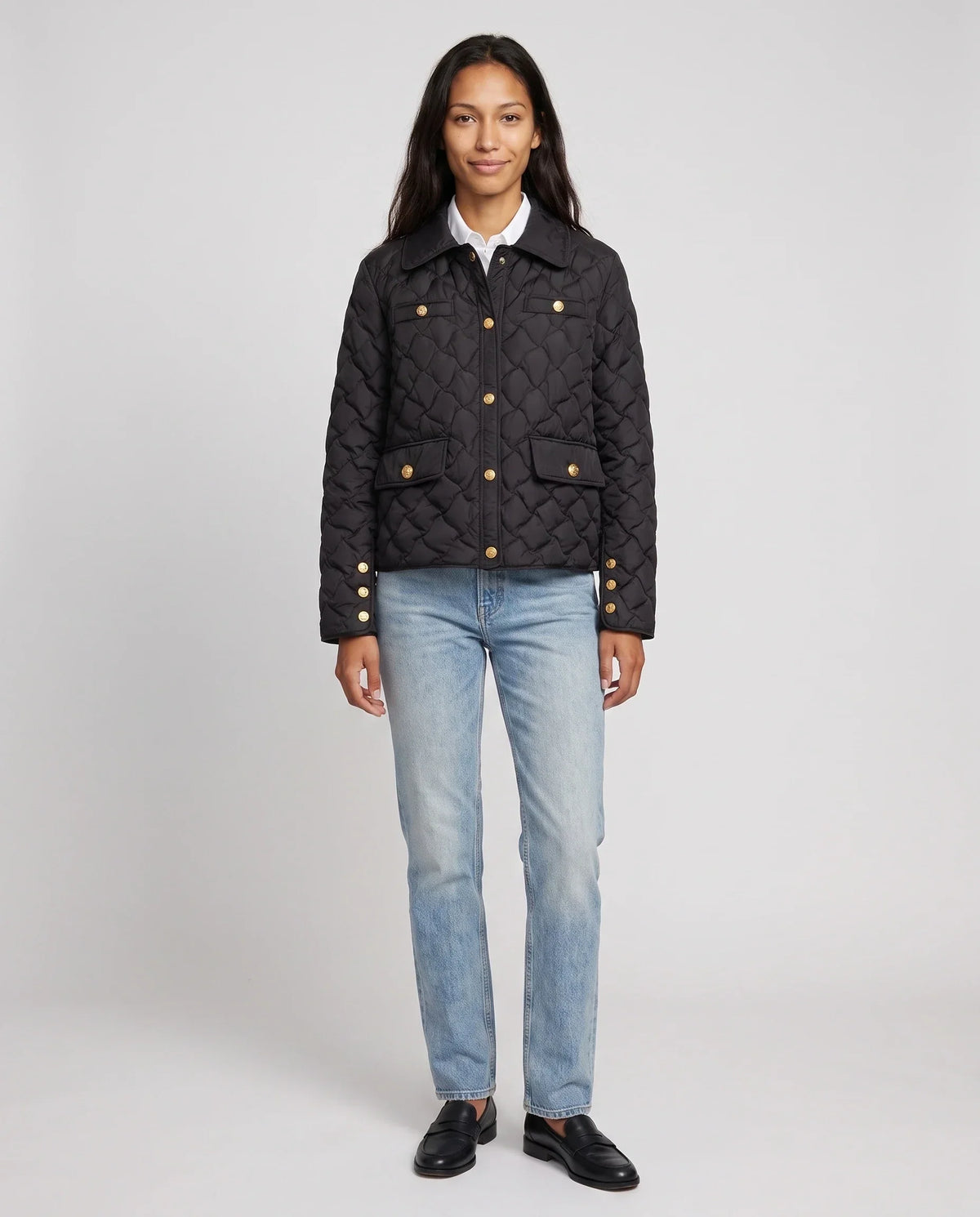 Quilted Jacket with Shirt Collar and Gold Poppers