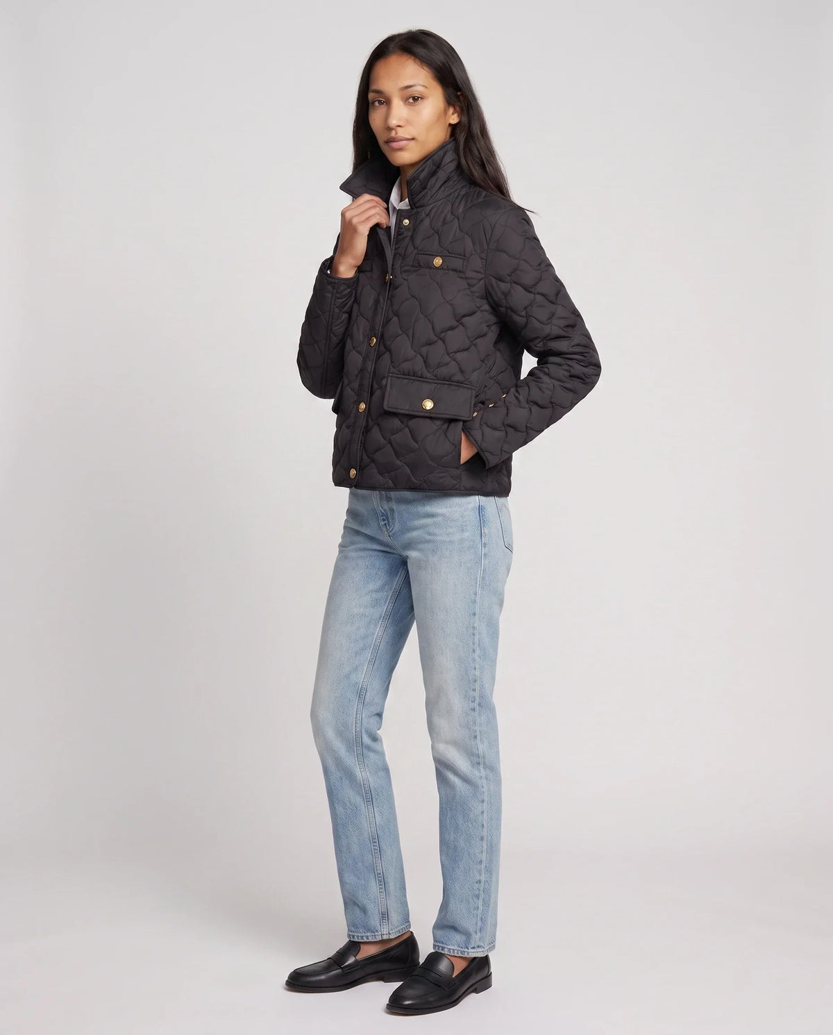 Quilted Jacket with Shirt Collar and Gold Poppers